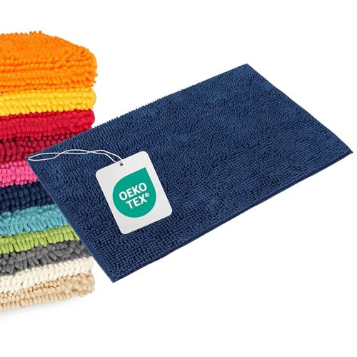 WohnDirect Badematte 70x120 cm Dunkelblau – Großer Badezimmerteppich XXL – Weicher Hochflor Badvorleger Lang, Saugstark & Waschbar (Versand aus DE)