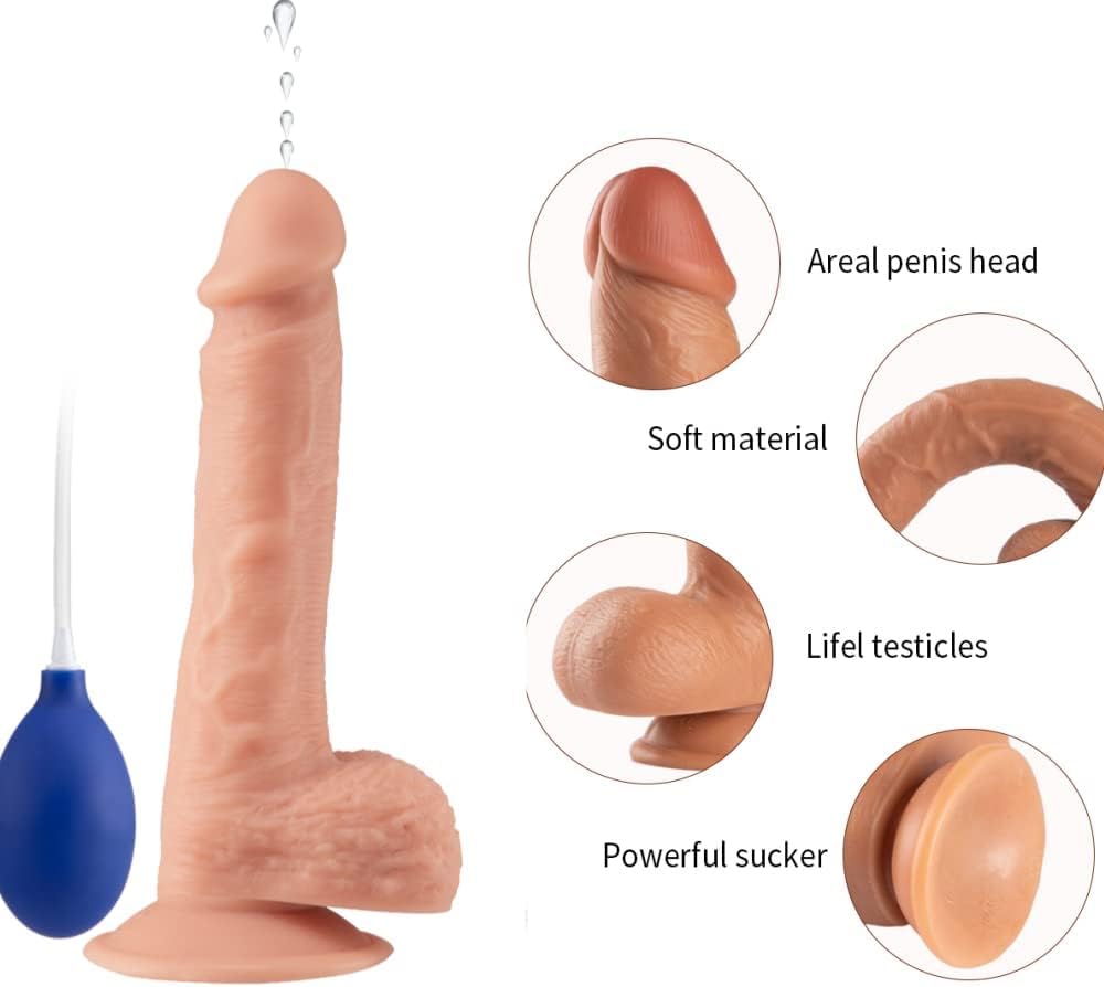 Realistic Squirting Dildo Ejaculating Penis for Beginners with Strong Suction Cup for Hands-Free Play,Soft Dildo with Curved Shaft and Balls for Women G-Spot and Anal Prostate Play 8.47 inch