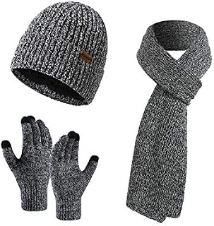 Winter Beanie Hat Scarf and Touch Screen Gloves Set Knitted Hats Thermal Gloves Long Scarf for Men Women Neck Warmer 3 PCS Skull Cap Thick Fleece Lined Unisex