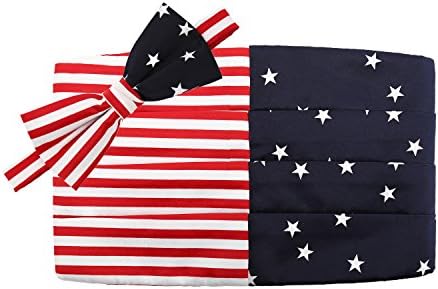 Frankers American Flag Design Poly Satin 2.5” Banded Adjustable Pre-tied Bow Tie & 4-pleat Adjustable Cummerbund Set, National Day Dressing Accessory, Stars and Stripes Design Accessory
