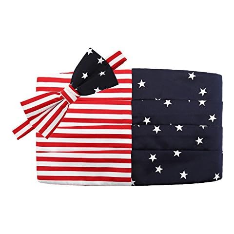 Frankers American Flag Design Poly Satin 2.5” Banded Adjustable Pre-tied Bow Tie & 4-pleat Adjustable Cummerbund Set, National Day Dressing Accessory, Stars and Stripes Design Accessory Cover