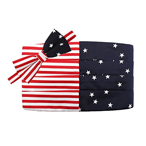 Frankers American Flag Design Poly Satin 2.5” Banded Adjustable Pre-Tied Bow Tie & 4-Pleat Adjustable Cummerbund Set, National Day Dressing Accessory, Stars And Stripes Design Accessory #TOP3