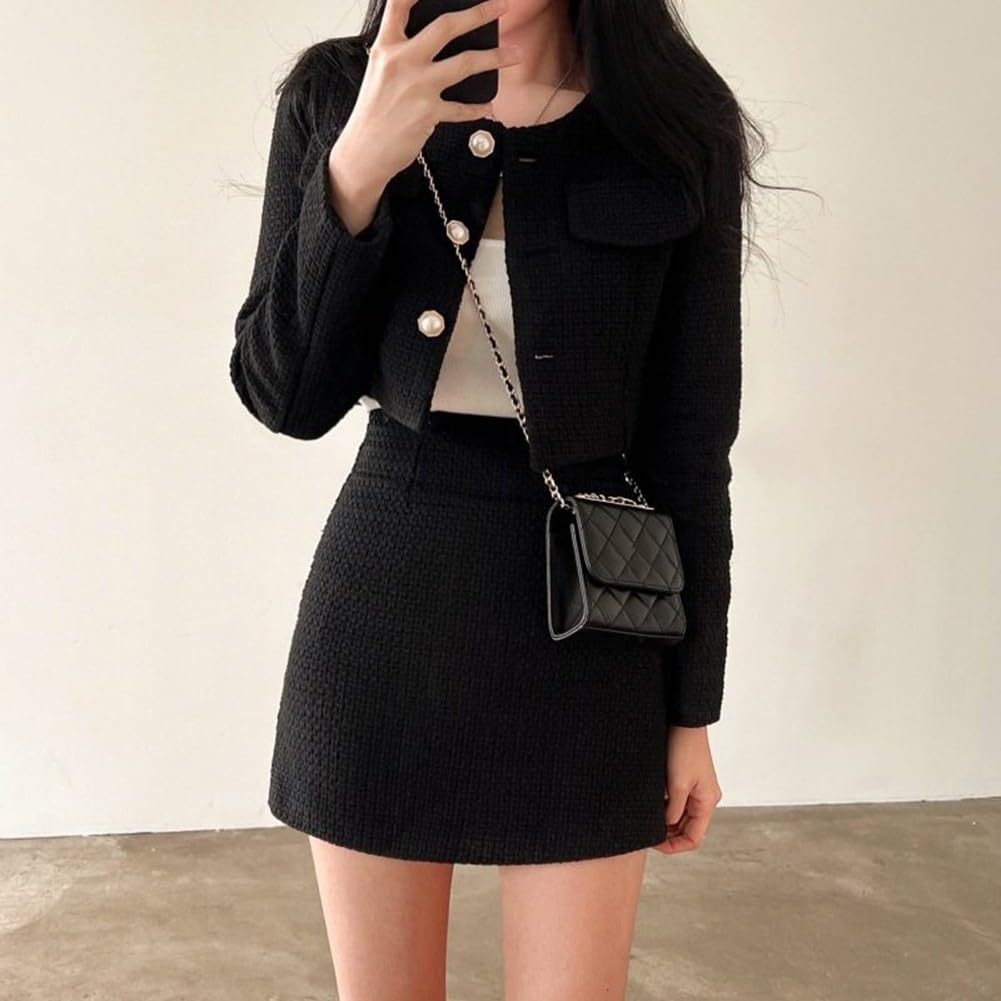 Whychstore Damen Herbst-Tweed-Jacke mit Perlenknöpfen und Aline-Rock, 2-teiliges Set, eleganter Anzug für lässige Ausflüge