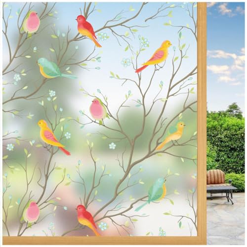 Image of WOO Home Frosted Glass Window Film & Stickers (18 X 60 Inchs) Privacy Window Cover for Home & Office - Easy Apply, UV Protection, Removable Decorative Film (Multi Colour Bird 1.5 X 5 SQFT)