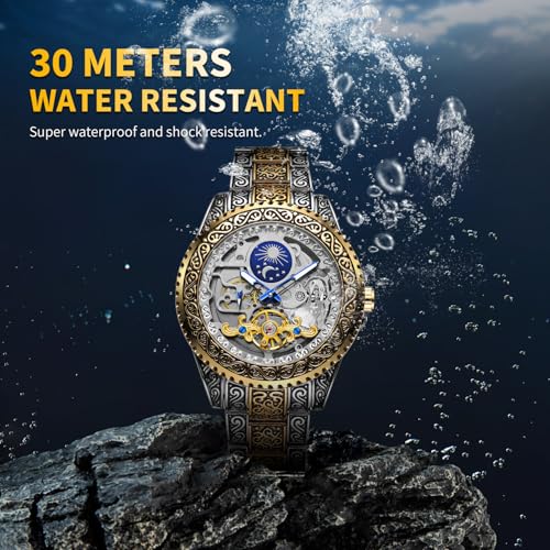 Image of Gute Men's Watch Retro Mechanical Skeleton Watch with Carved Automatic Tourbillon, Moon Phase, Independent Seconds, and Big Dial Design - Self-Wind Automatic Wrist Watches
