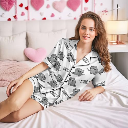 Image of Women 2PCs Satin Pajama Set Short Sleeve Silk Feel Gift Sleepwear | Soft stretch satin; relaxed comfort fit sizes S-3XL for sleep & lounge; short sleeve top, elastic waist shorts; easy care