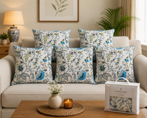 Image of Cotton Cushion Covers 16x16 Inch - Hand Block Floral Print Pillow Covers for Sofa, Couch & Bedroom (Pack of 5) (Sky Blue)