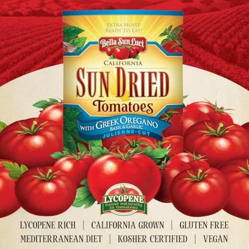 Image of Bella Sun Luci Sun Dried Tomatoes with Greek Oregano, Basil & Garlic, Gluten-Free, Vegan, California Grown, Mediterranean Style Sun-Ripened Tomatoes, Premium Ingredient for Pasta, Pizza, Salads (1 Pack)