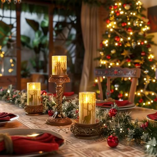 Image of Homemory Christmas Flickering Flameless Candles with Remote Timer, Gold Deer Battery Operated Candles, Glass Real Wax LED Pillar Candles for Home Holiday Decor, Set of 3