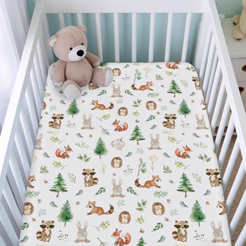 Image of Watercolor Animals Baby Crib Sheet for Boy Girl 52 inchx28 inch Raccoon Hedgehog Squirrel Fox Bunny Bird Forest Soft Breathable Stretchy Baby Bed Sheets for Standard Crib and Toddler Mattress