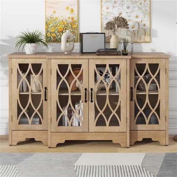 Familienfreundliche Retro Kommode Glastür mit geschwungenem Liniendesign, geräumiger Aufbewahrungsschrank mit schwarzem Griff und drei verstellbaren Regalen für Esszimmer und Küche (Naturholz)