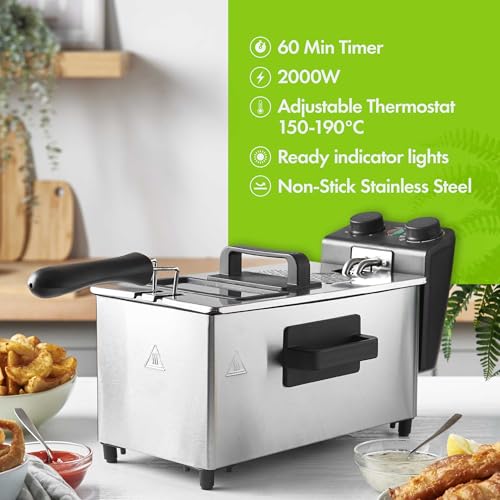 VonShef Deep Fat Fryer 3L Capacity 2000W – Cooks up to 1kg of Food, Stainless Steel Fryer for Chips & More, Adjustable Thermostat, Non-Slip, Easy Clean, Non-Stick Removable Oil Container & Basket - Image 3