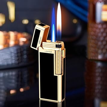 Classic Butane Dual Flame Lighter, Jet Torch Soft Flame 2 in 1 Windproof Refillable Lighter for Men Dad Husband Collect Fuel Not Included Black