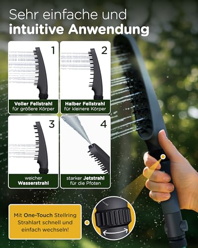 KUNTO® Hundebrausekopf - Hundedusche Duschkopf - Hundedusche mit vier Strahlarten - Hunde Duschkopf mit Silikonborsten für effektive Fellpflege - Mobile Hundedusche outdoor mit Gartenschlauchadapter