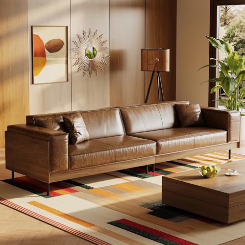 DinaiteEain 111.81" Mid-Century Modern Brown 4-Seater Waxed Leather Sofa, Walnut