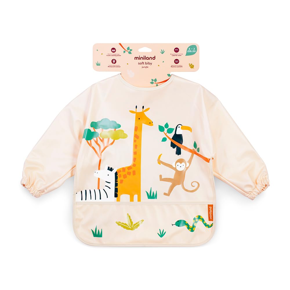Miniland - Babero con Mangas Impermeable, Babero Manga Larga Bebé, Resistente, Diseños Divertidos