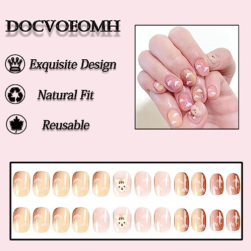 DOCVOEOMH Pink Cute Short Press on Nails Round Fake Nails Full Cover Glue on Nails Acrylic with 3D Bear Charms Design Artificial Nails Glossy Stick on Nails for Women and Girls 24PCS in 12 Size