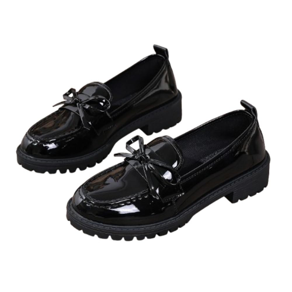 Women's Bowknot Thick Sole Loafers, Patent Leather Work Office Business Casual Spring & Fall Trendy Dressy Cute Shoes, Plain Pattern Soft Cushioned Sole for Daily Wear Walking
