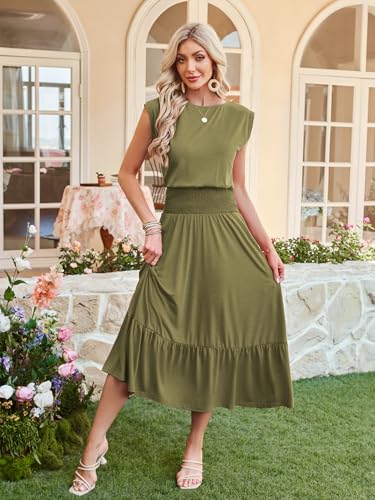 Image of Kikibell Womens Summer Dresses Cap Sleeve Elastic Waist Midi Dress with Pocket Long Causal Sundress Beach Vacation Outfits