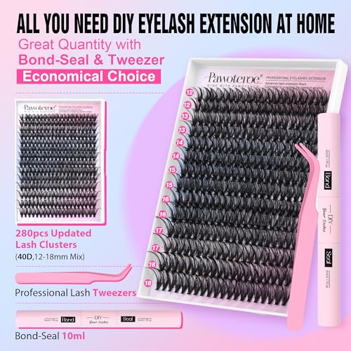 Image of Pawotence Lash Extension Kit DIY 40D 12-18mm Individual Lashes Clusters Kit 280pcs Cluster Eyelash Extensions Kit with Lash Bond and Seal, Tweezers for Self Application (Long 40D, 12-18mm, Kit)