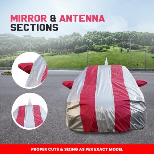 Image of Autofact Waterproof Car Body Cover Compatible with Hyundai Grand I10 (2013 to 2019) with Mirror and Antenna Pockets (Pink Stripes with Shinning Silver Fabric /Waterproof Cover)