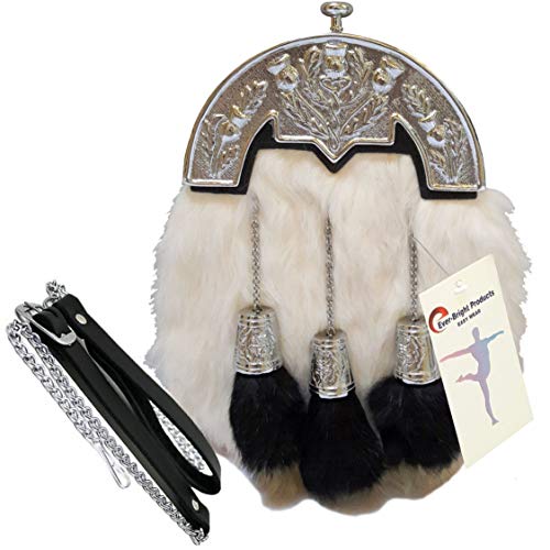Scottish Kilt Original White Rabbit Fur Full Dress Sporran Antique Chrome Cantel