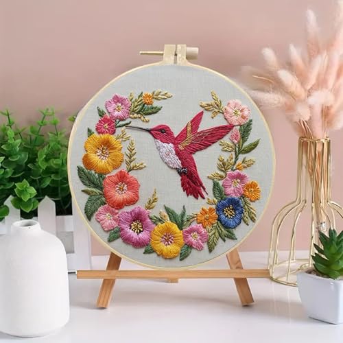 Image of Huacan Embroidery Kit for Beginners Adults Includes Stamped Flower Pattern, Hoop, Color Threads,Tools,Easy to Follow Instruction