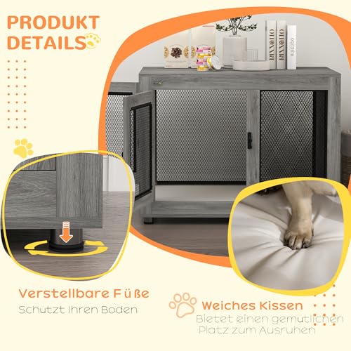 PawHut Hundekäfig Möbel mit 2 Türen waschbaren Kissen Moderne Stahl Hundebox für Zuhause Indoor Hundehütte für große Hunde bis zu 30 kg Hundehaus 94x60x71,5 cm Grau