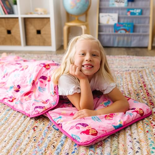 Image of Wildkin Kids Velour Nap Mat for Girls - Soft & Cozy Toddler Sleep Mat with Built-in Blanket for Daycare, Preschool, Kindergarten & Travel, Ages 3-7, Machine Washable - Groovy Mermaids