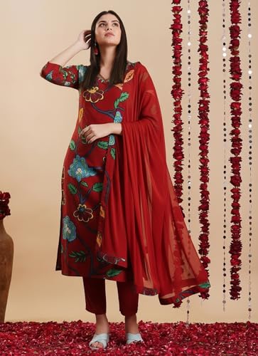 Image of GoSriKi Women's Rayon Blend Straight Printed Kurta with Pant & Dupatta