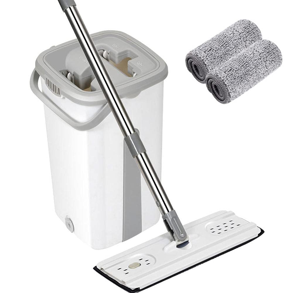 Set di Mocio Piatto e Secchio Mop per la Pulizia Mop Autolavante e Asciutto con 4 Cuscinetti per Mocio Riutilizzabili Microfibra in Microfibra per a 360 gradi Acciaio inox Mop Piatto