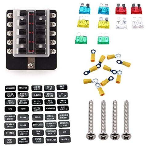 Carviya Ambuker 10-Way Blade Fuse Box with LED Indicator - Fuse Block for Automotive with fuse and spade terminals and wiring kits (10 Way) Cover