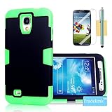 Galaxy S4 Case, Tradekmk(TM) Latest Fashion Hot Sale Hybrid Hard Soft Combo Three-in-one Durable Bumper Armor Back Case Cover Protector Compatible with Samsung Galaxy S4 i9500[+Stylus+Screen Protector+Cleaning Cloth]-(Black+Green)