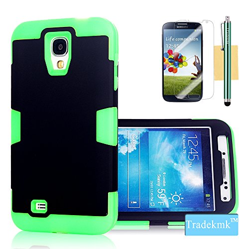 Galaxy S4 Case, Tradekmk(TM) Latest Fashion Hot Sale Hybrid Hard Soft Combo Three-in-one Durable Bumper Armor Back Case Cover Protector Compatible with Samsung Galaxy S4 i9500[+Stylus+Screen Protector+Cleaning Cloth]-(Black+Green)