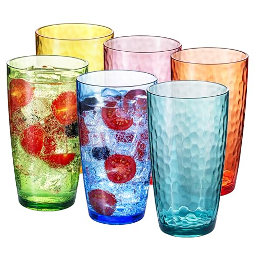 ZAINCA 20-ounce Plastic Tumblers, Acrylic Drinking Glasses High-Balls, set of 6 Multicolor Reusable Plastic Cups, Hammered Style Stackable, BPA-Free, Shatter-Proof, Dishwasher-Safe