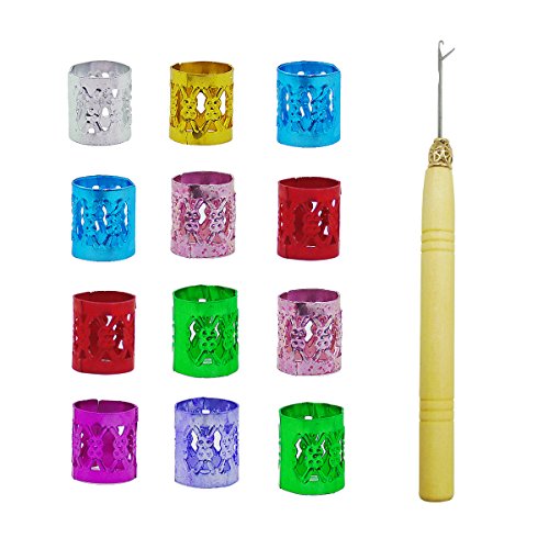 200pcs Multicolor Dread Lock Dreadlocks Beads Clips Hair Ring Braid Ring Aluminum Cuffs Filigree Tube with Latch Hook Crochet Needle
