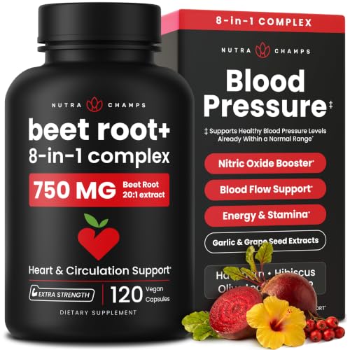 8-in-1 Beet Root Capsules - Healthy Blood Pressure Support Supplement** for Heart & Circulation Energy Support - Hawthorn Berry Hibiscus Garlic & Grape Seed - Beet Juice Alternative - 120 Capsules