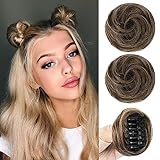 Brikabia Space Buns Hair Pieces, 2PCS Mini Claw Clip in Messy Bun & Cat Ears Fake Hair Bun Extensions Wig Accessory Updo Hairpieces for Women Girls, 3.5' Wavy, Dark Ash Blonde with Highlights
