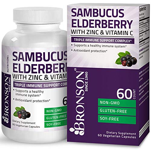 Bronson Sambucus Elderberry with Zinc & Vitamin C Triple Immune Support Complex Immune & Antioxidant Protection, Non-GMO, 60 Vegetarian Capsules