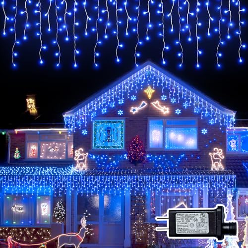 BYIZO Christmas Outdoor Icicle Lights - 200 LED 21+16 FT 8 Modes Curtain Fairy String Light Plug in Waterproof for Eaves Yard Holiday Xmas Holiday Indoor Outdoor Decoration - Blue