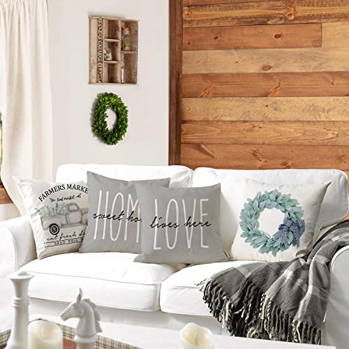 Faromily Eucalyptus Pillow Covers 18X18 Yugalier Leaf Wreath Truck Home Love Throw Pillow Cases Farmhouse Spring Summer Home Decorative Cushion Covers Set Of 4 (Gray) #TOP1