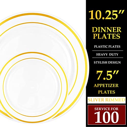 Ricpok 100 Piece Plastic Party Plates White Gold Rim, 50 Premium Heavy Duty 10.25 Inch Dinner Plates And 50 Disposable 7.5 Inch Dessert Appetizer Elegant Fancy Wedding Plates #TOP3