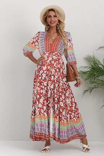 Image of Women Short Sleeve V Neck Floral Print Casual Bohemian Maxi Dresses
