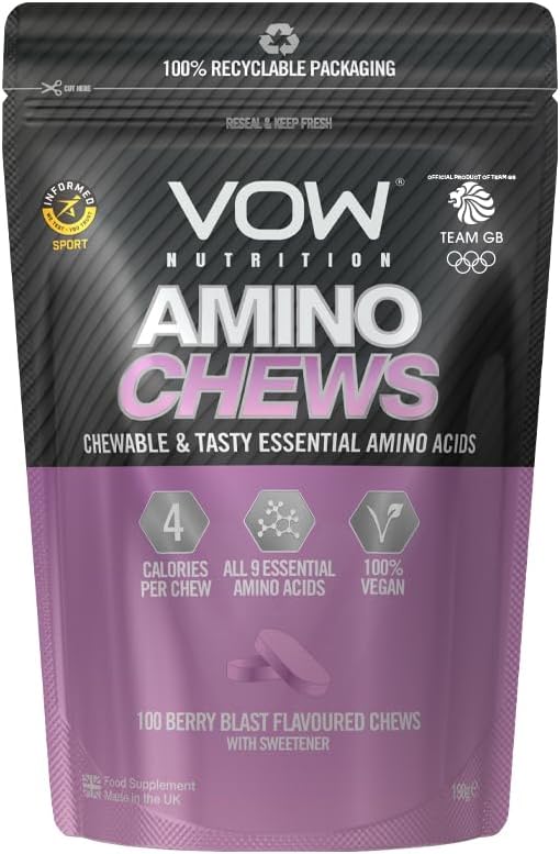 Vow Amino Chews, Chewable and Tasty Essential Amino Acids, BCAA, EAA Complex, L-Leucine, L-Lysine, L-Valine, L-Isoleucine, Vegan, Informed Sport Approved (Berry Blast)