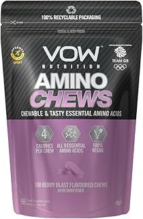 Vow Amino Chews, Chewable and Tasty Essential Amino Acids, BCAA, EAA Complex, L-Leucine, L-Lysine, L-Valine, L-Isoleucine, Vegan, Informed Sport Approved (Berry Blast)