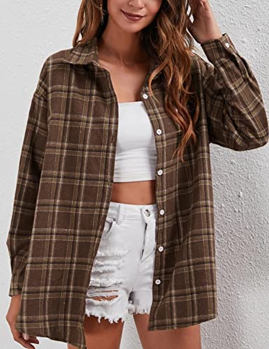 Image of HangNiFang Womens Flannel Plaid Shirts Oversized Button Shirts Blouse Tops