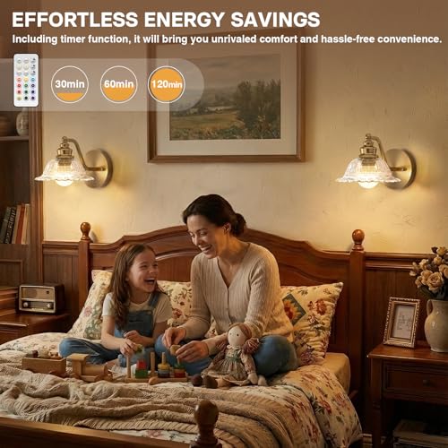 Image of Redluck Battery Operated Wall Sconce with Remote Control, Vintage Glass Wireless Wall sconces Set of Two, Rechargeable Battery Powered Wall Lamp for Bedside Bedroom Living Room Hallway Decor