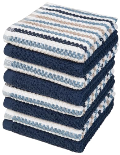 Bumble Dish Cloths 8-Pack, Cotton Kitchen Towels, 12"x12" Blue Wide Stripes