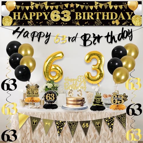 Image of 63rd Birthday Decorations for Men, Black Gold 63rd Party Decoration Kits | 27pcs Happy 63rd Birthday Set, Banner, Honeycomb, Balloons, Gold Number, Candle, Hanging Swirls, Cake Topper, Party Supplies