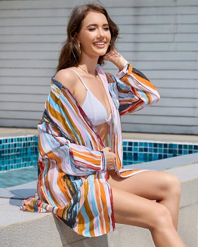 Image of Bsubseach Women Long Sleeve Beach Shirt Blouses Bathing Suit Cover Up Button Down Collar